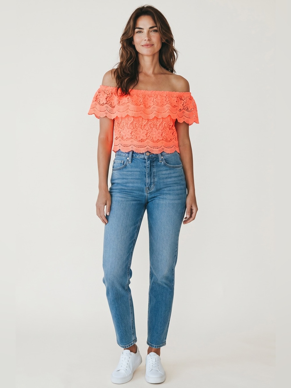 Banjul Off Shoulder Cropped Crochet Top // Coral // Small